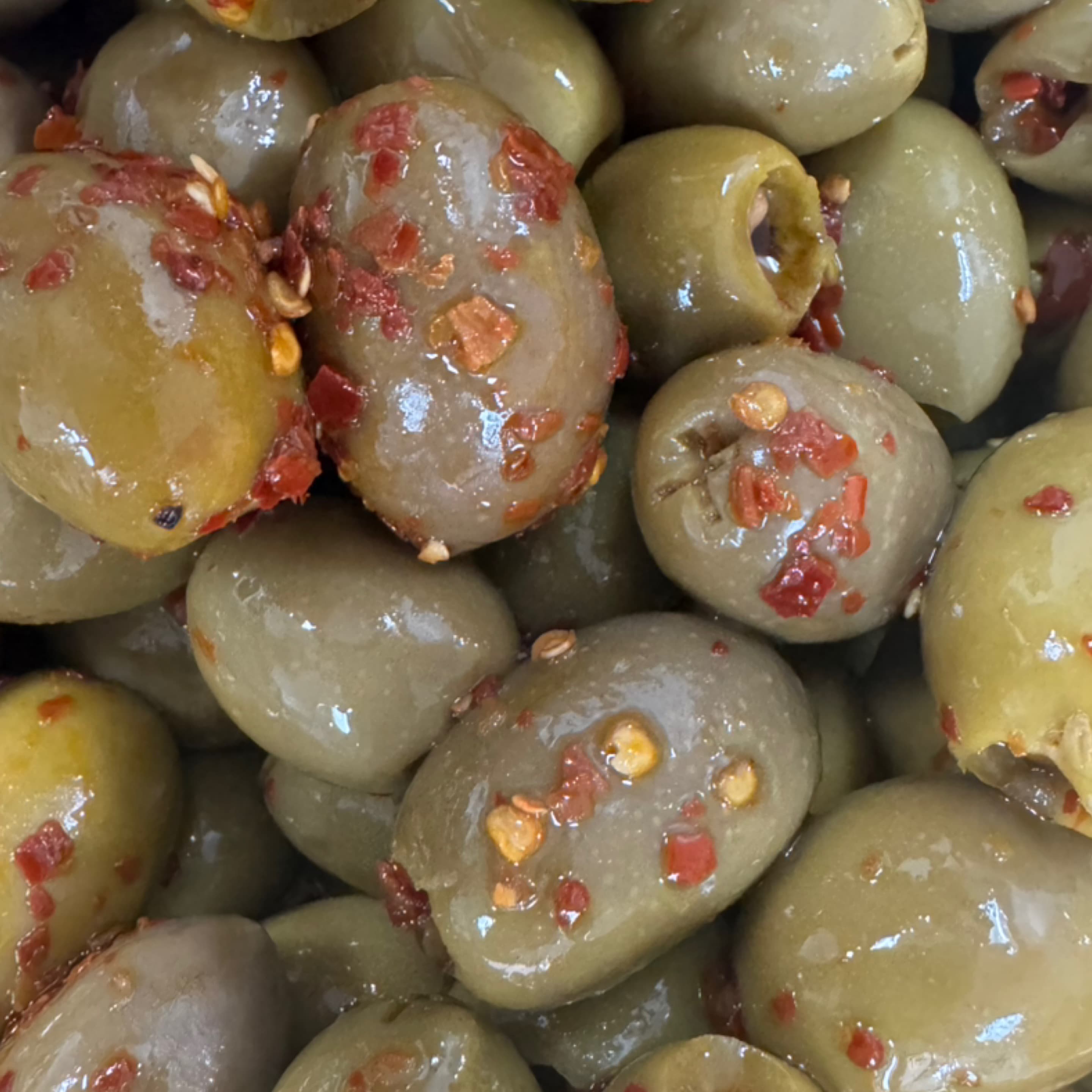 Hot Pitted Green Olives
